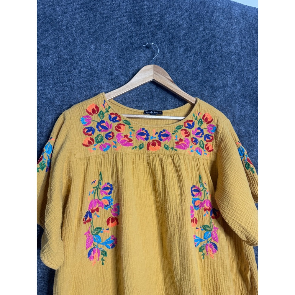 See N Be Seen Dress Women 1X Mustard Yellow Floral Embroidered Tunic Gauzy Boho - Picture 4 of 10